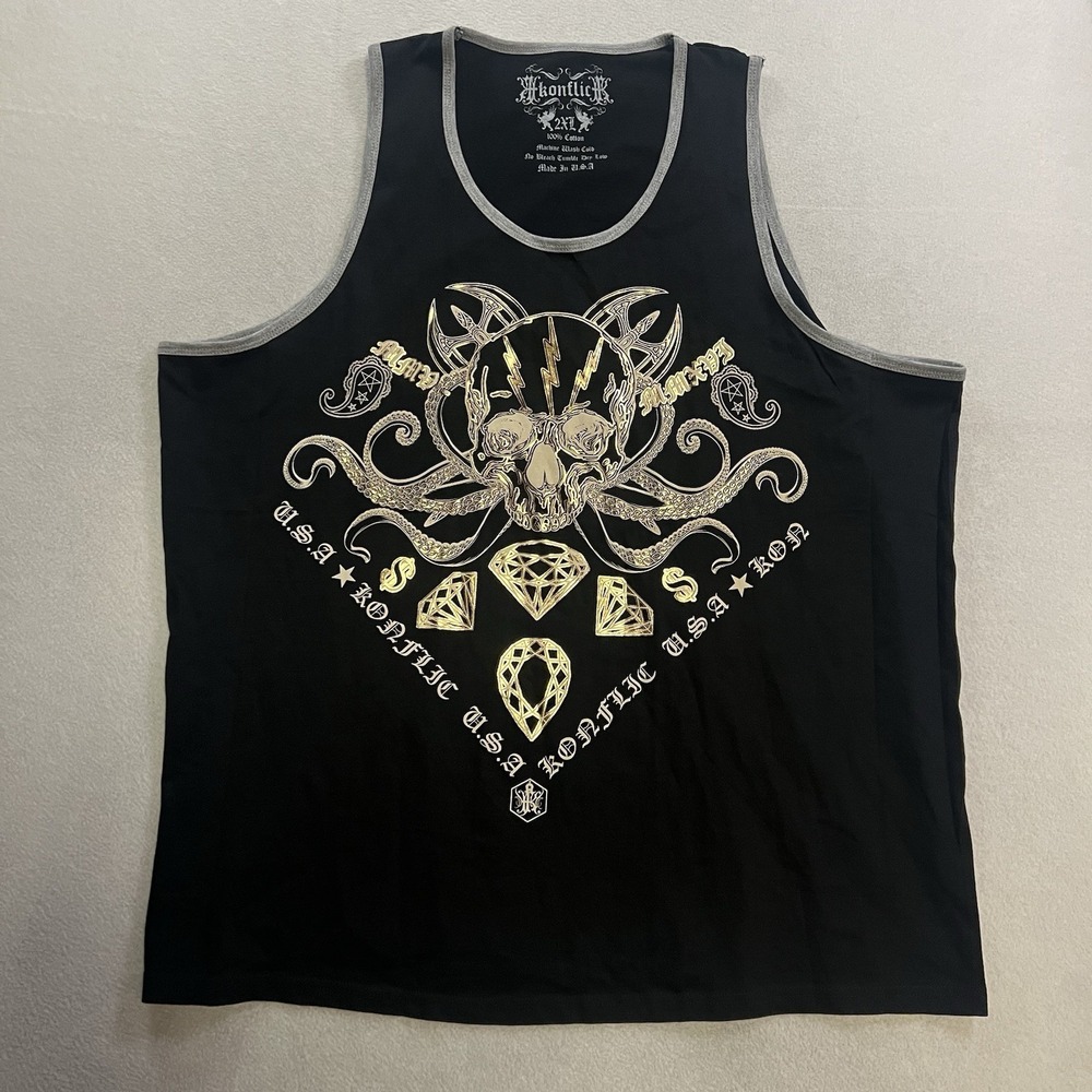Konflic Tank Top Shirt Men's Size 2XL Black Skull Gothic Biker MMA USA Y2K